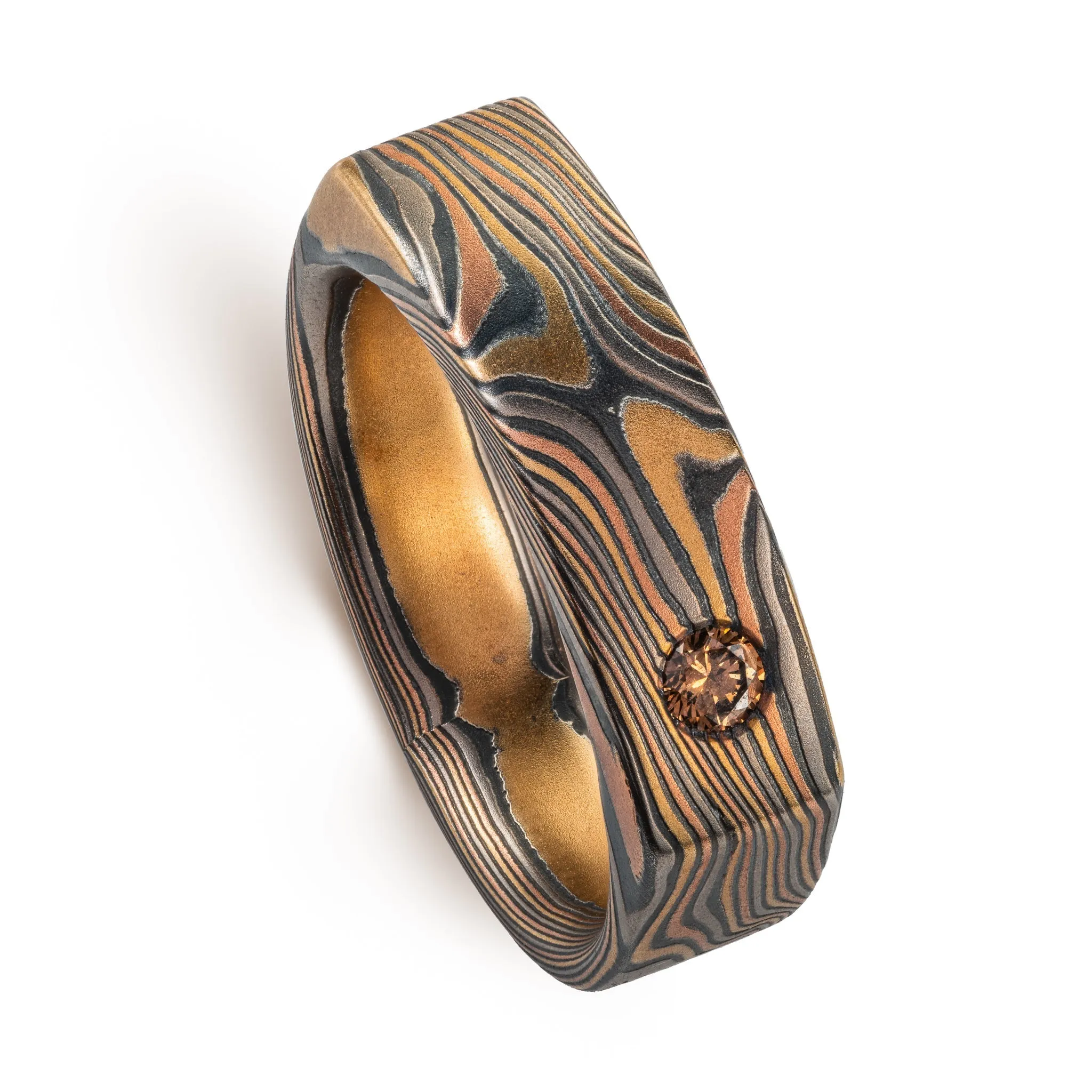 Soft Square Mokume Gane Ring with Cognac Diamond