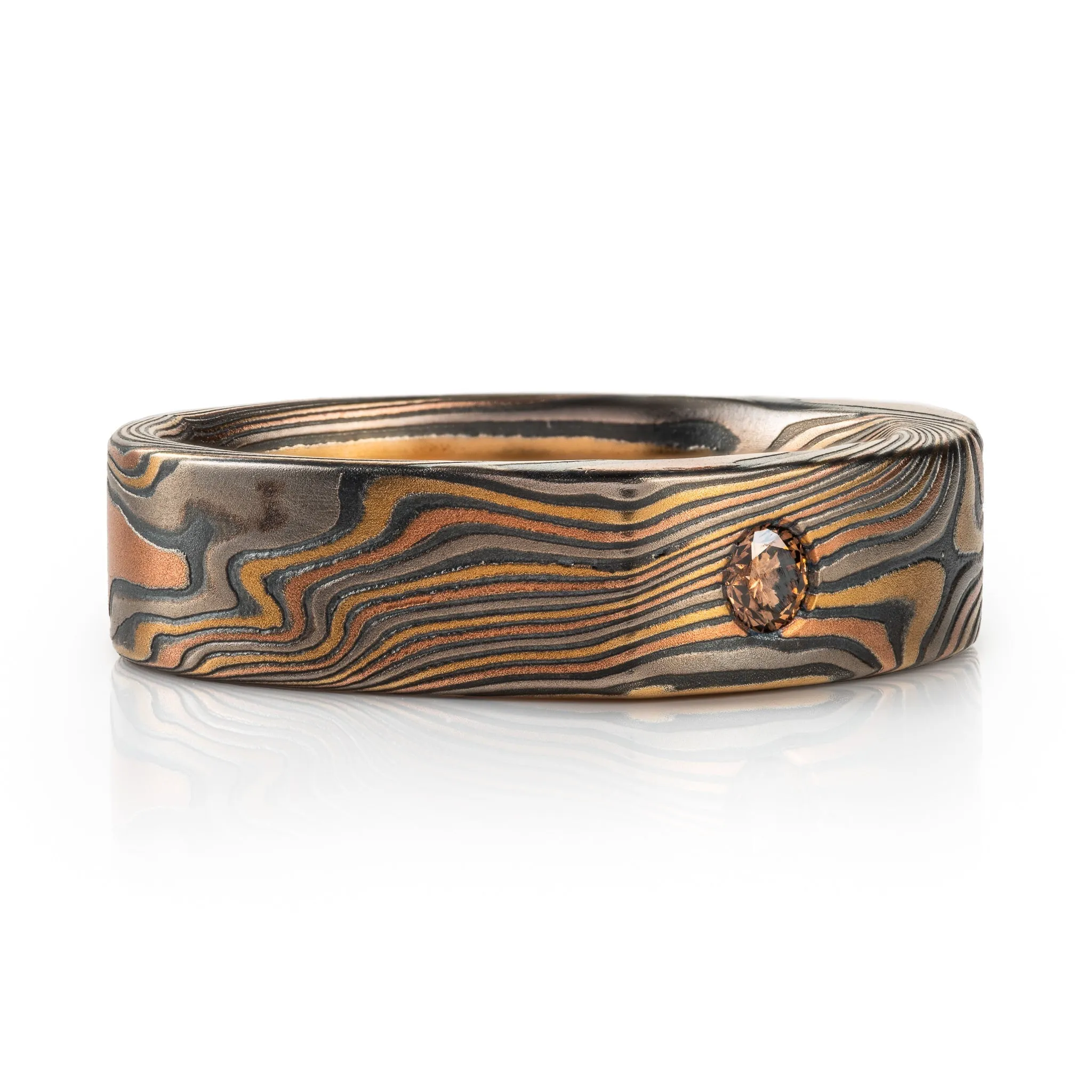 Soft Square Mokume Gane Ring with Cognac Diamond