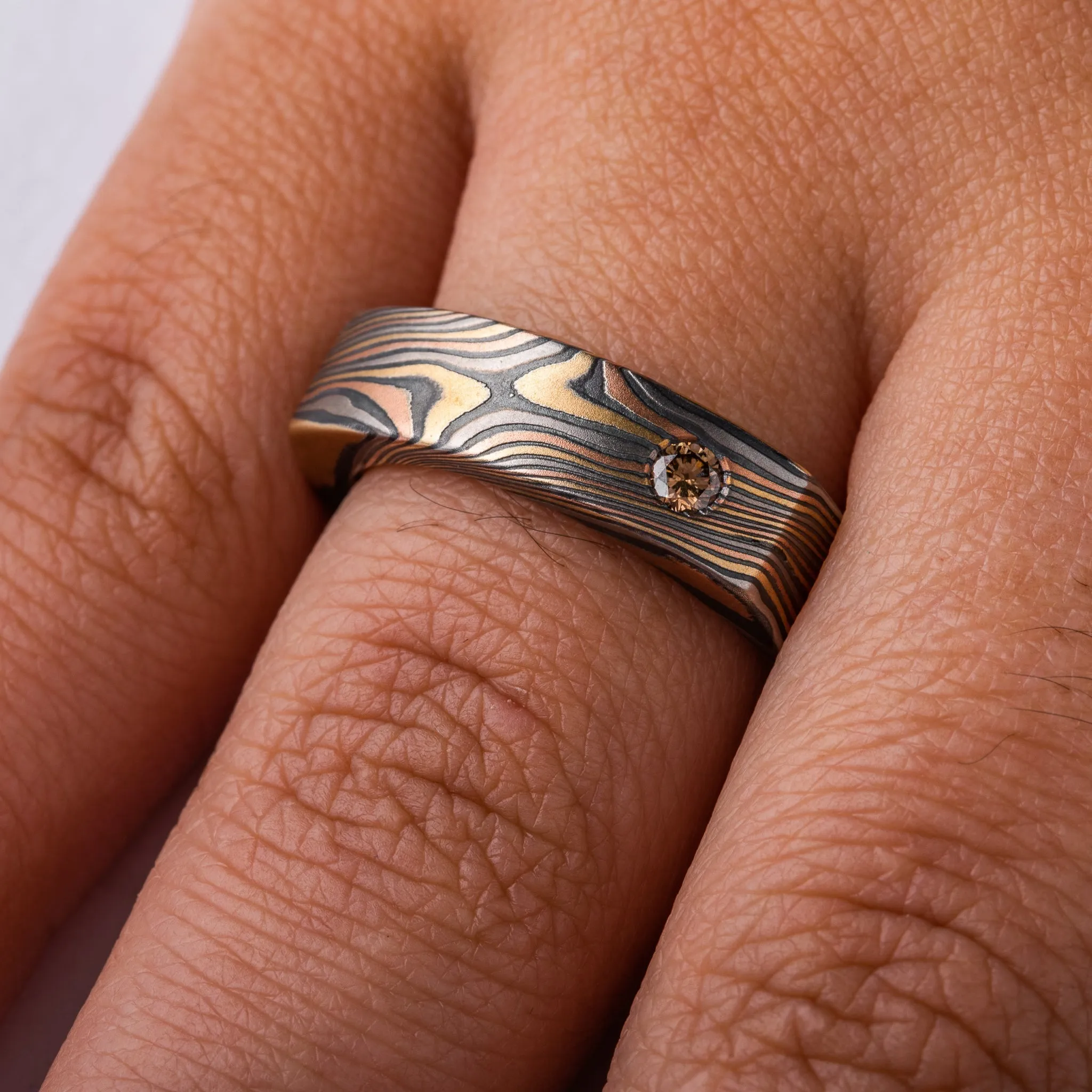 Soft Square Mokume Gane Ring with Cognac Diamond