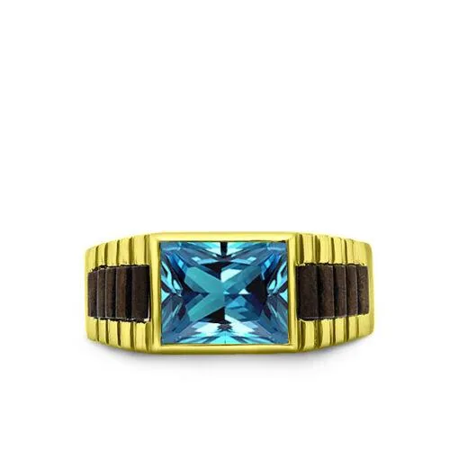 Solid 10k Yellow Gold Mens Ring Rectangle Topaz Stone Band Ring for Men