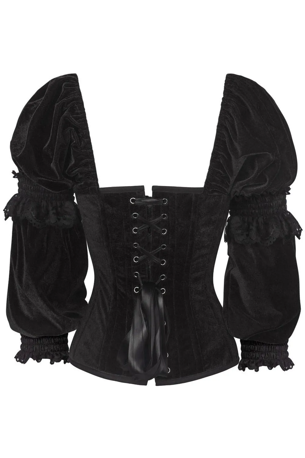 Top Drawer Black Velvet Steel Boned Long Sleeve Corset