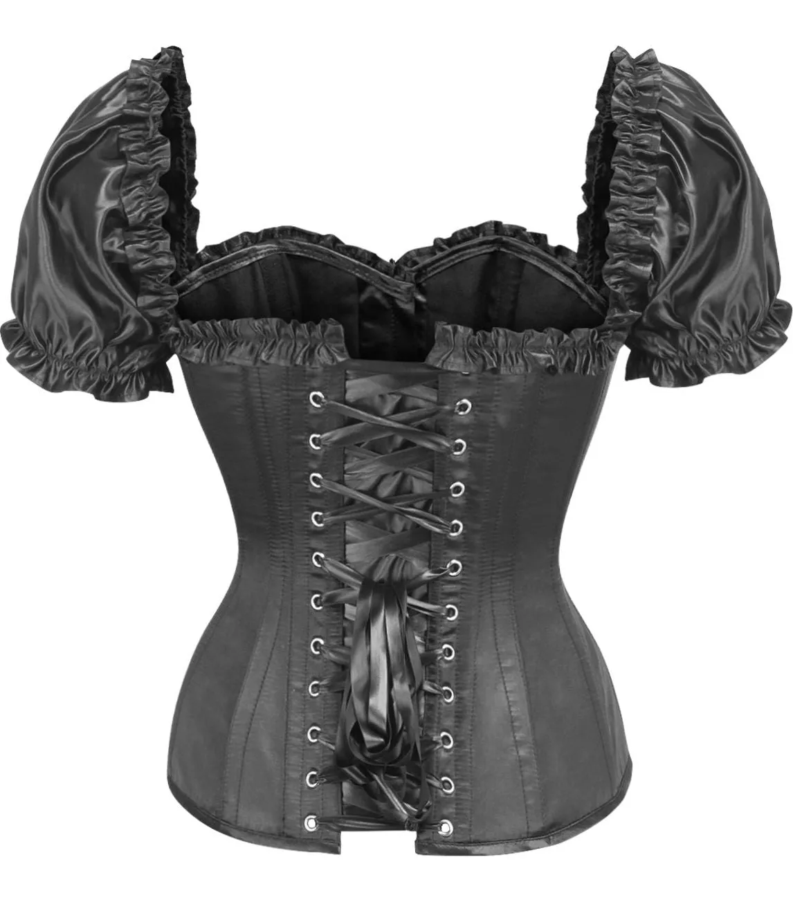 Top Drawer Steel Boned Black Satin Overbust Corset w/Sleeves