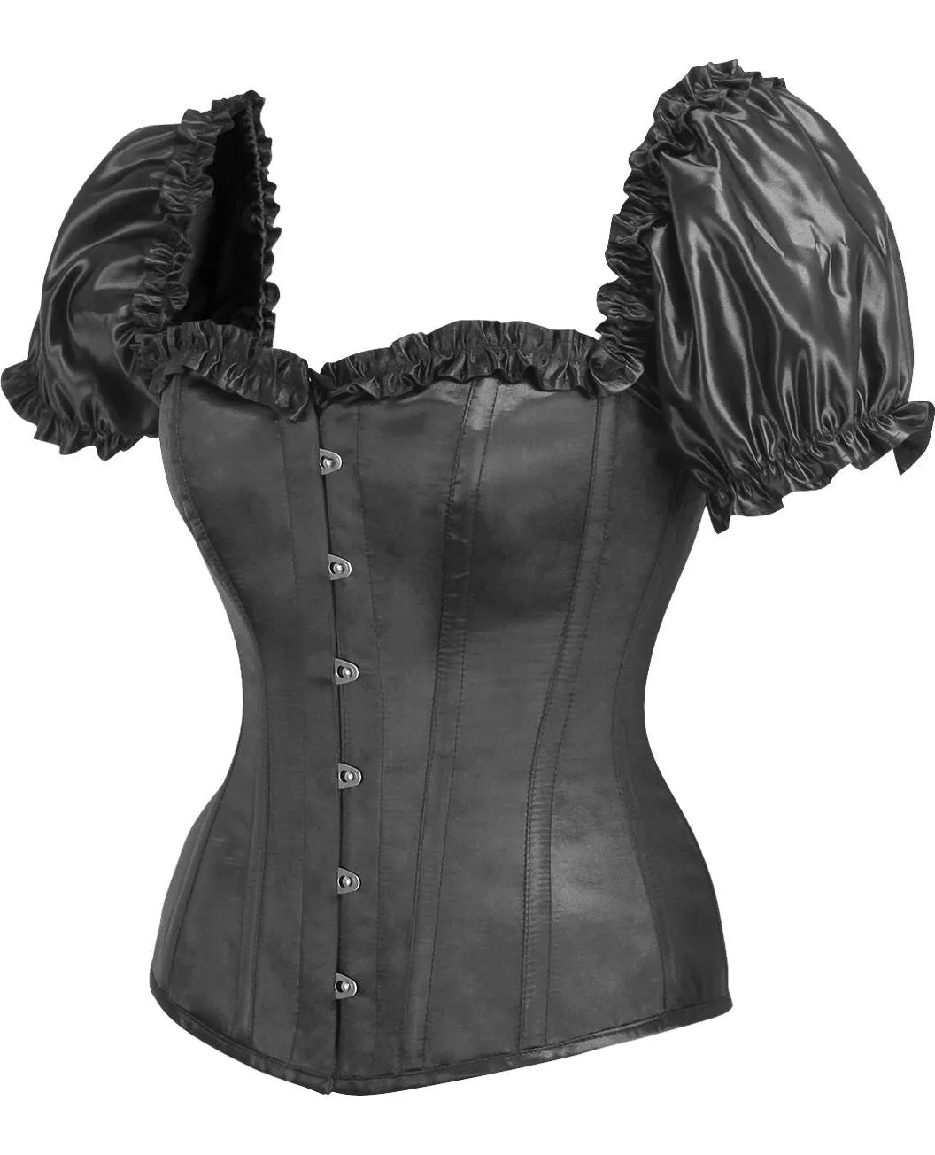 Top Drawer Steel Boned Black Satin Overbust Corset w/Sleeves