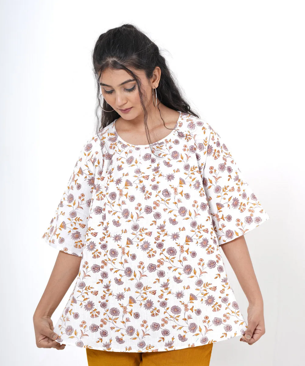 White floral handblock printed cotton top