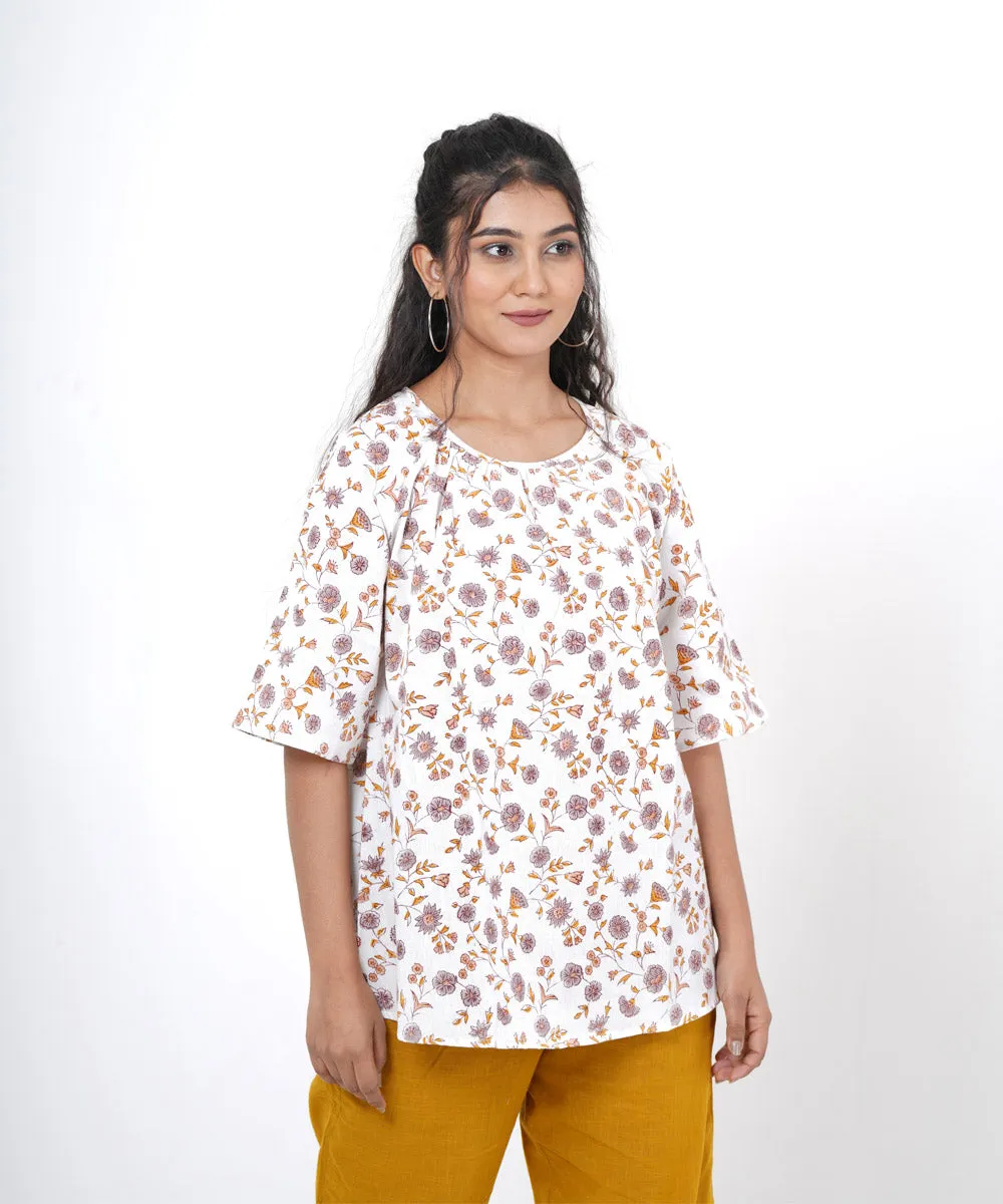 White floral handblock printed cotton top