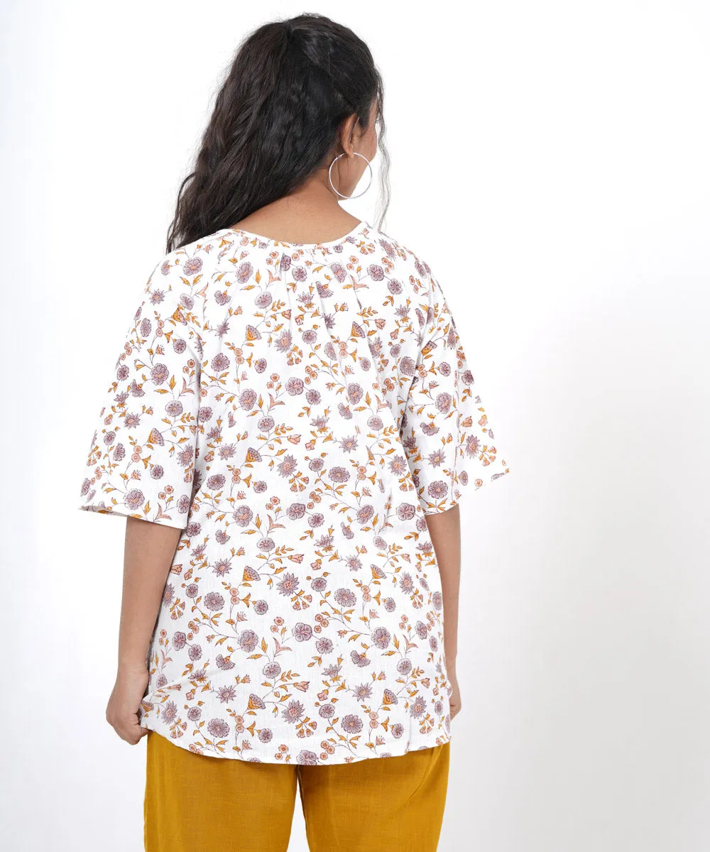 White floral handblock printed cotton top