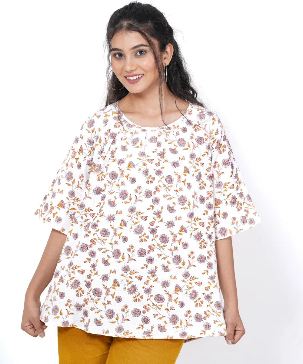 White floral handblock printed cotton top