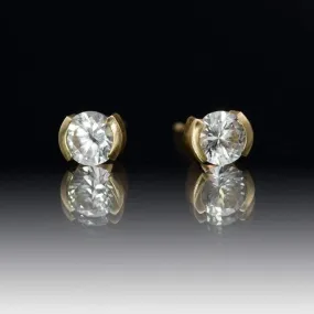 White Sapphire 14k Gold Half Bezel Stud Earrings