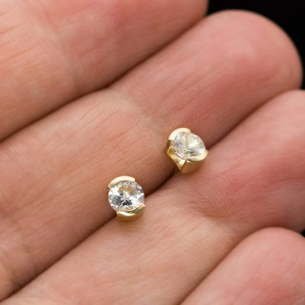 White Sapphire 14k Gold Half Bezel Stud Earrings