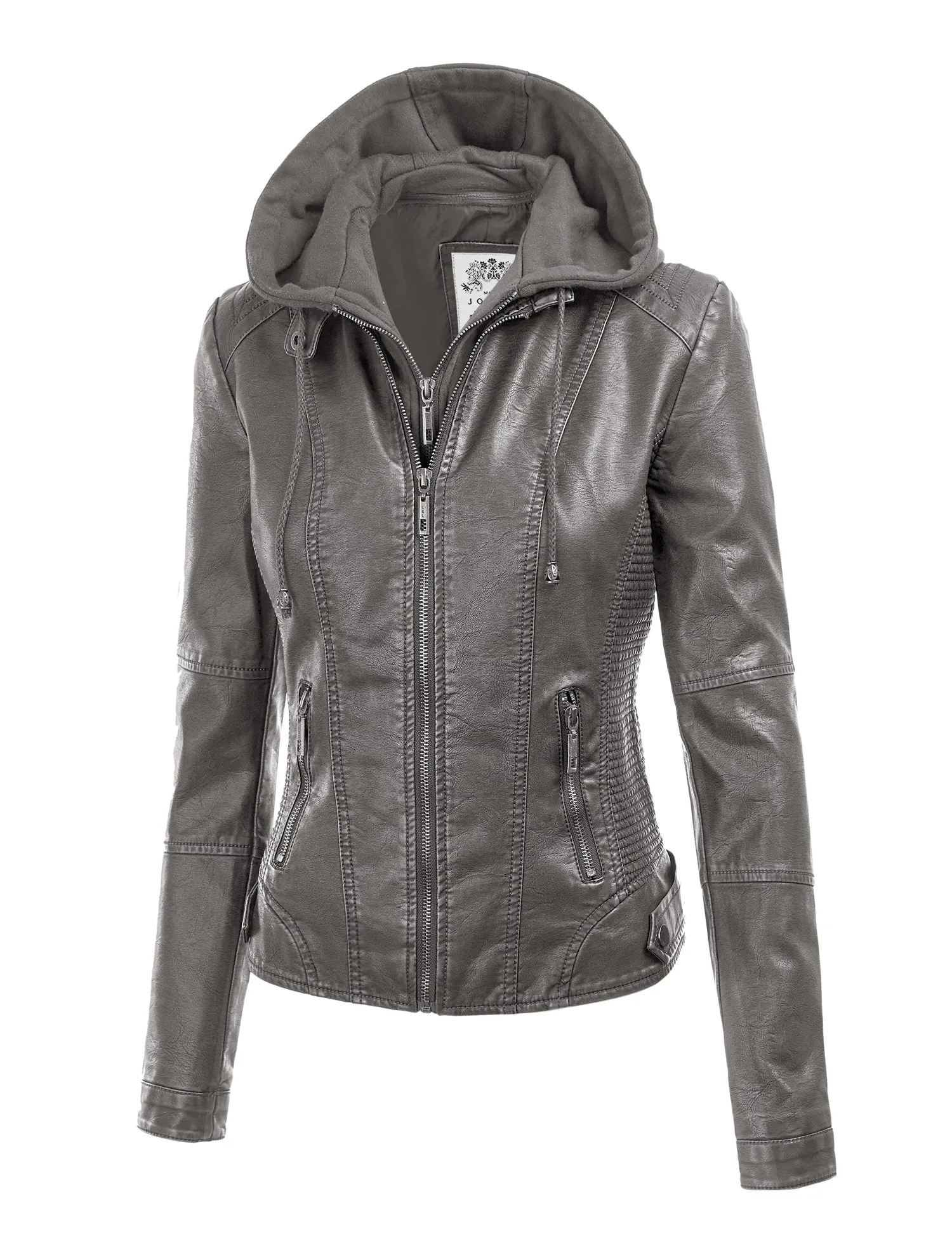 Womens Faux Leather Motorcycle Jacket with Hoodie