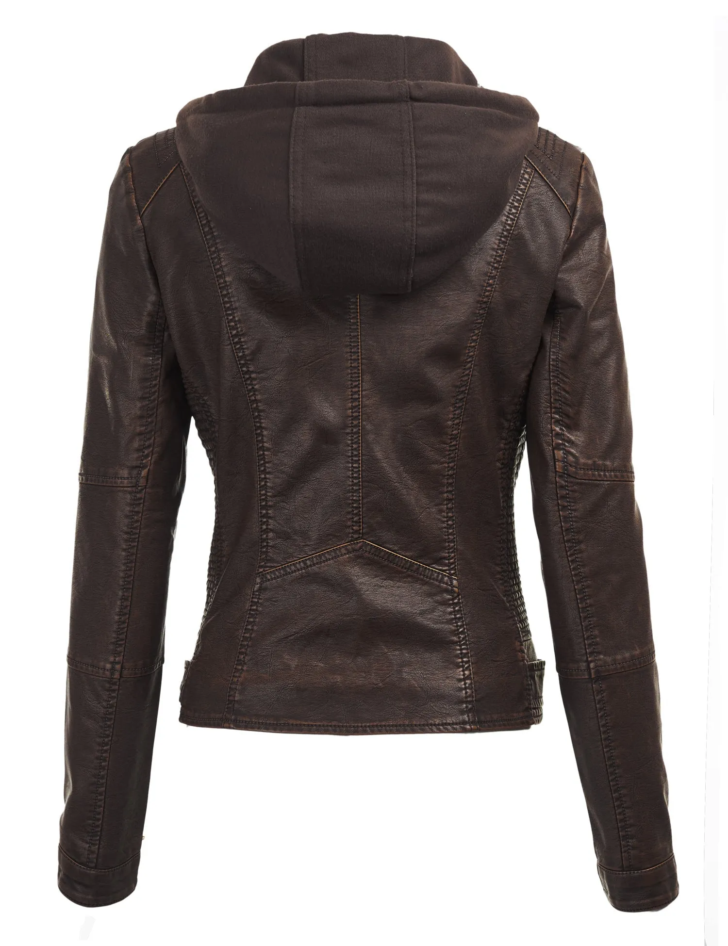 Womens Faux Leather Motorcycle Jacket with Hoodie