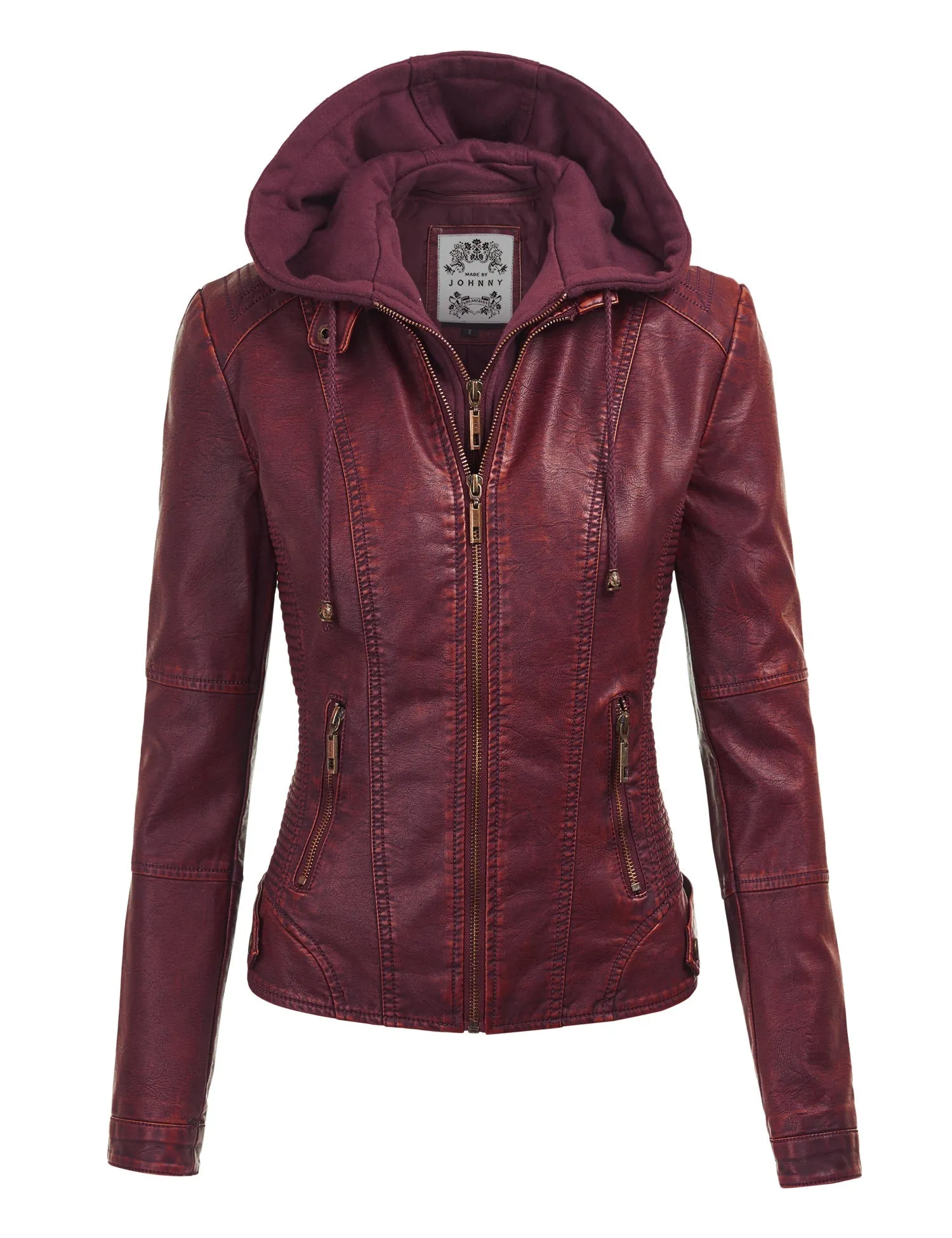 Womens Faux Leather Motorcycle Jacket with Hoodie